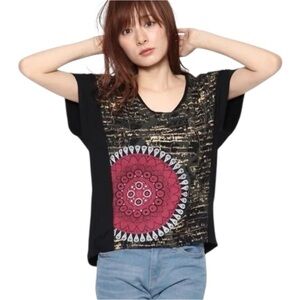 Desigual Blouse Women’s Size Small Black Gold Red Rhinestones Short Sleeve‎